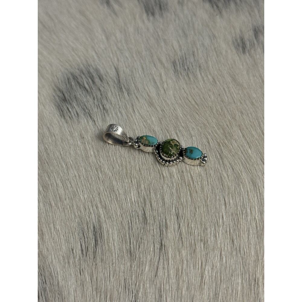 Sterling Silver Blue Green Sonoran Gold Turquoise 3 Stone Pendant 925 Stamp Bail - Picture 3 of 8
